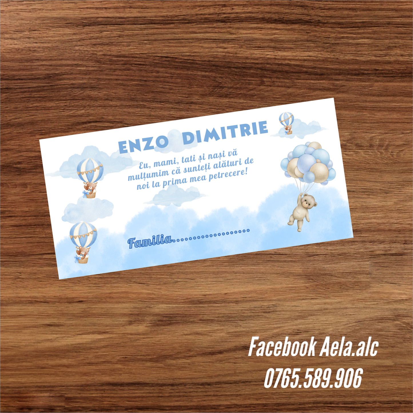 Plic de bani botez ursulet cu baloane blue cod 29