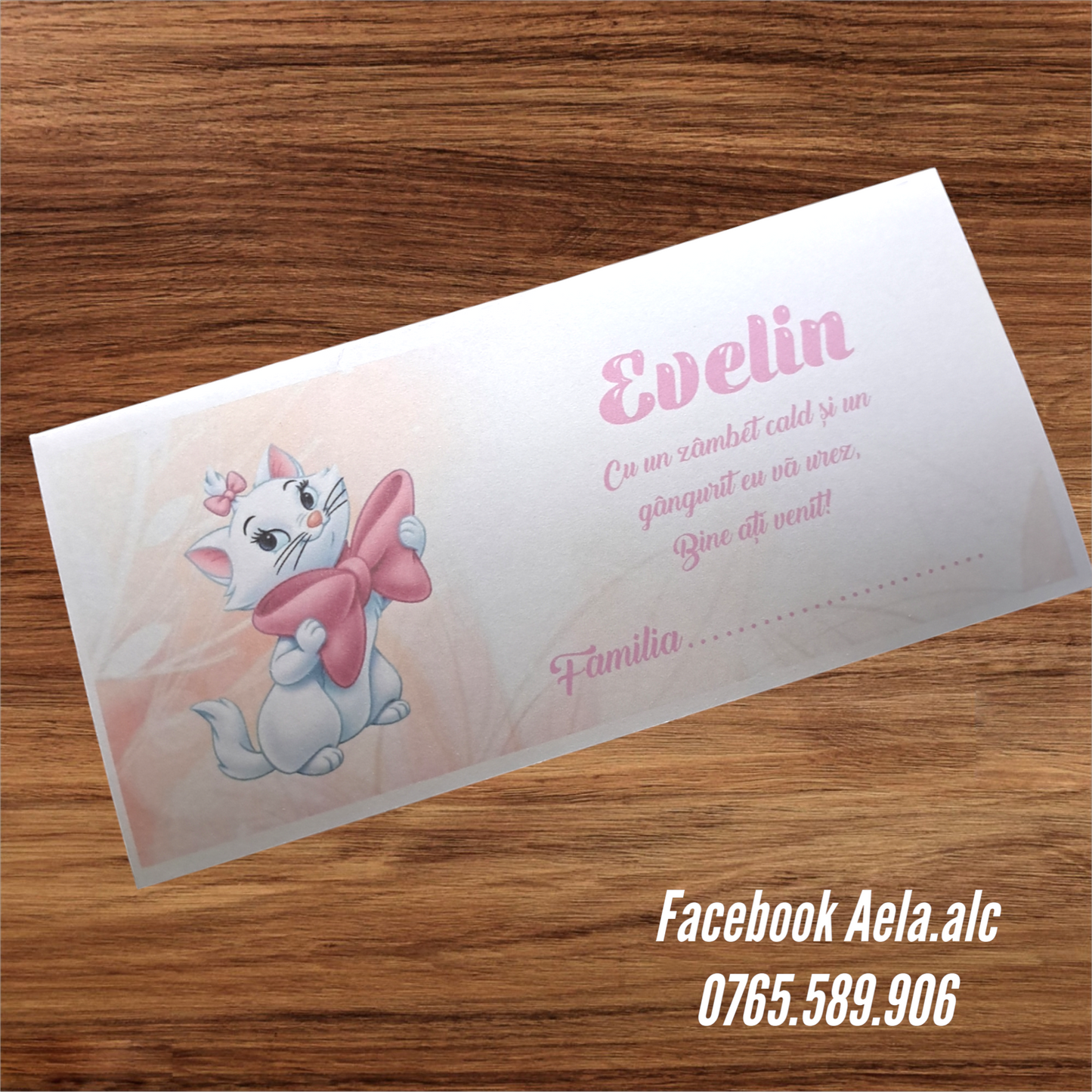 Plic de bani botez Pisica Marie cu fundita cod 101