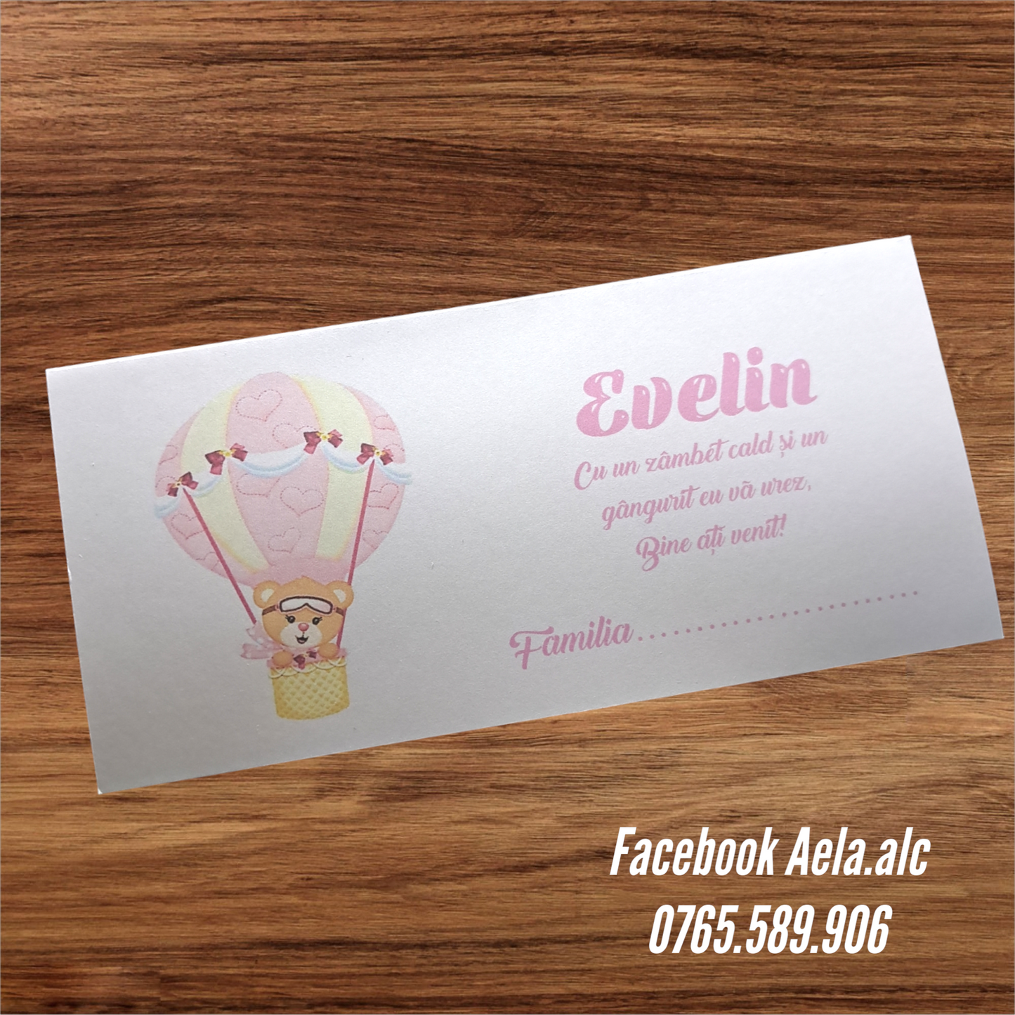 Plic de bani botez Balon cu ursulet roz cod 99