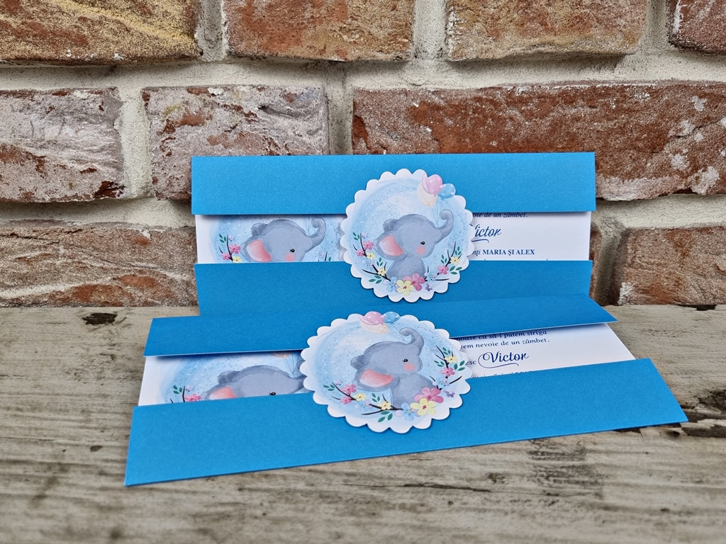 Invitație botez tip plic elefantel drăgălaș