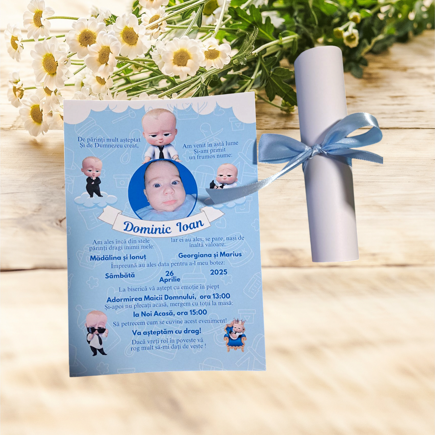 Invitație botez bebe boss cu poză