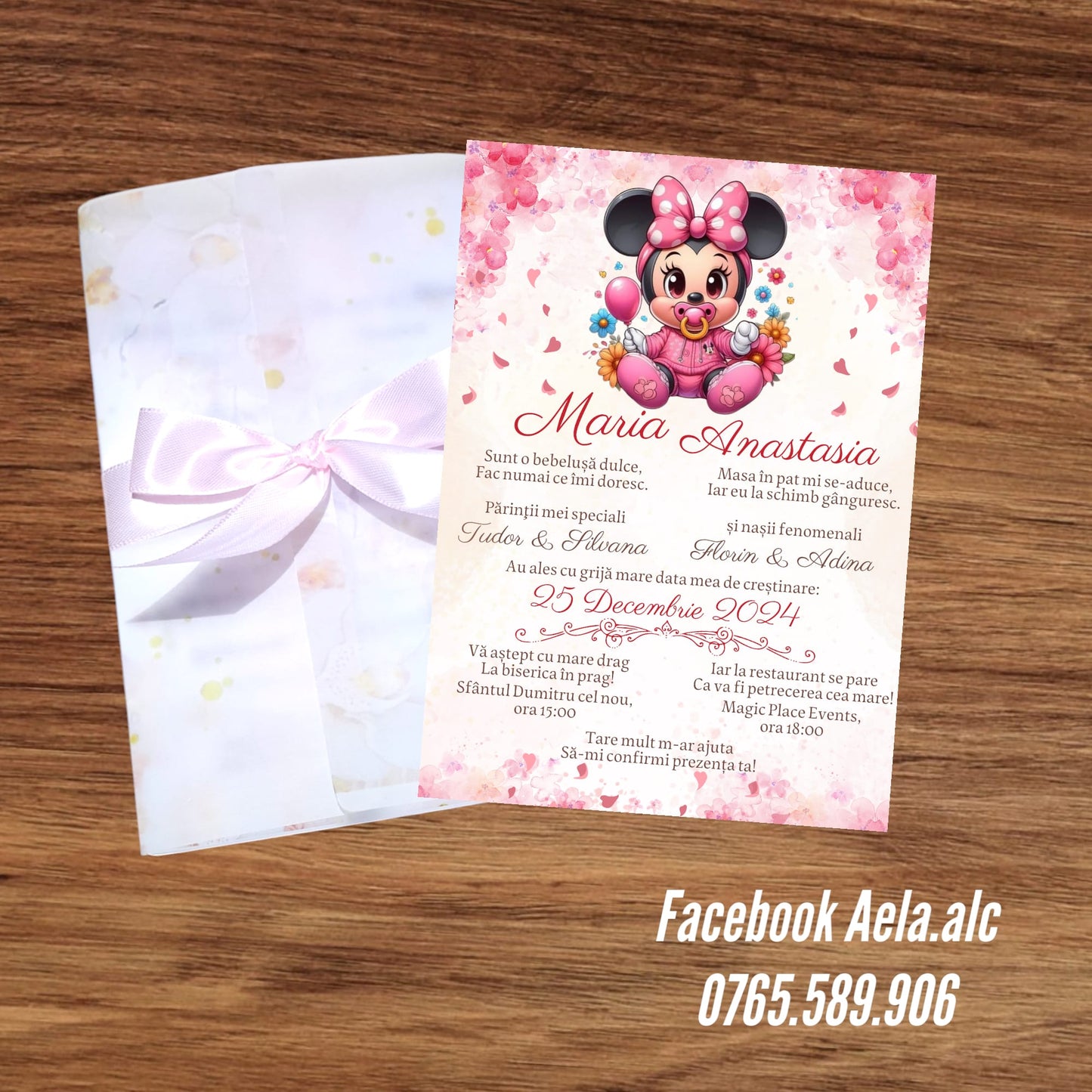 Invitație botez minnie bebe cu fundita