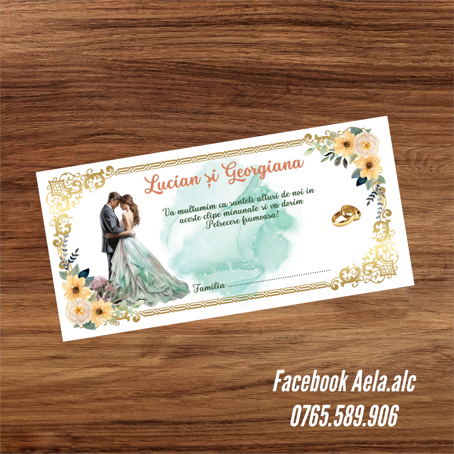 Plic de bani nunta tematica verde cu galben miri si flori