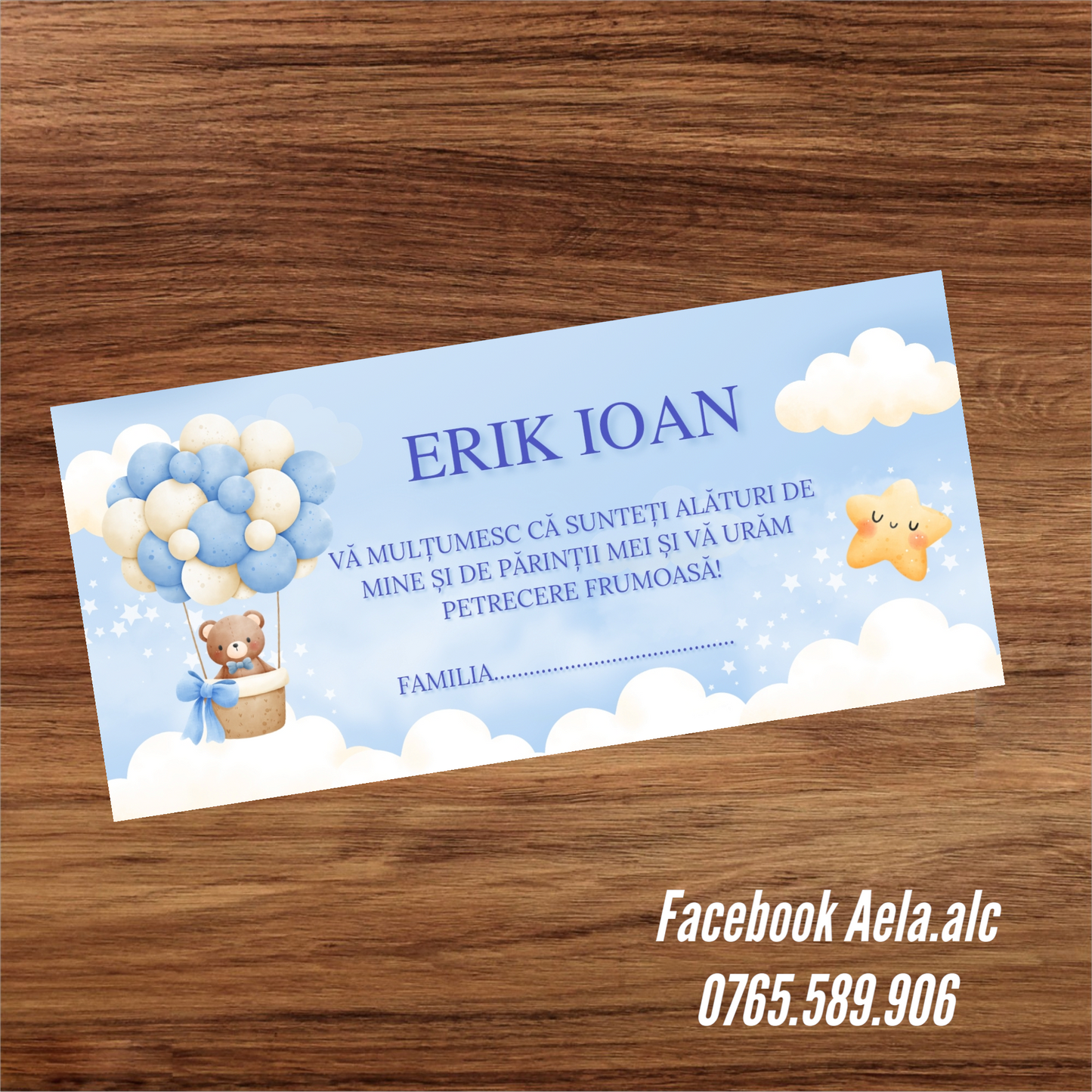 Plic de bani botez ursulet cu baloane blue cod 57