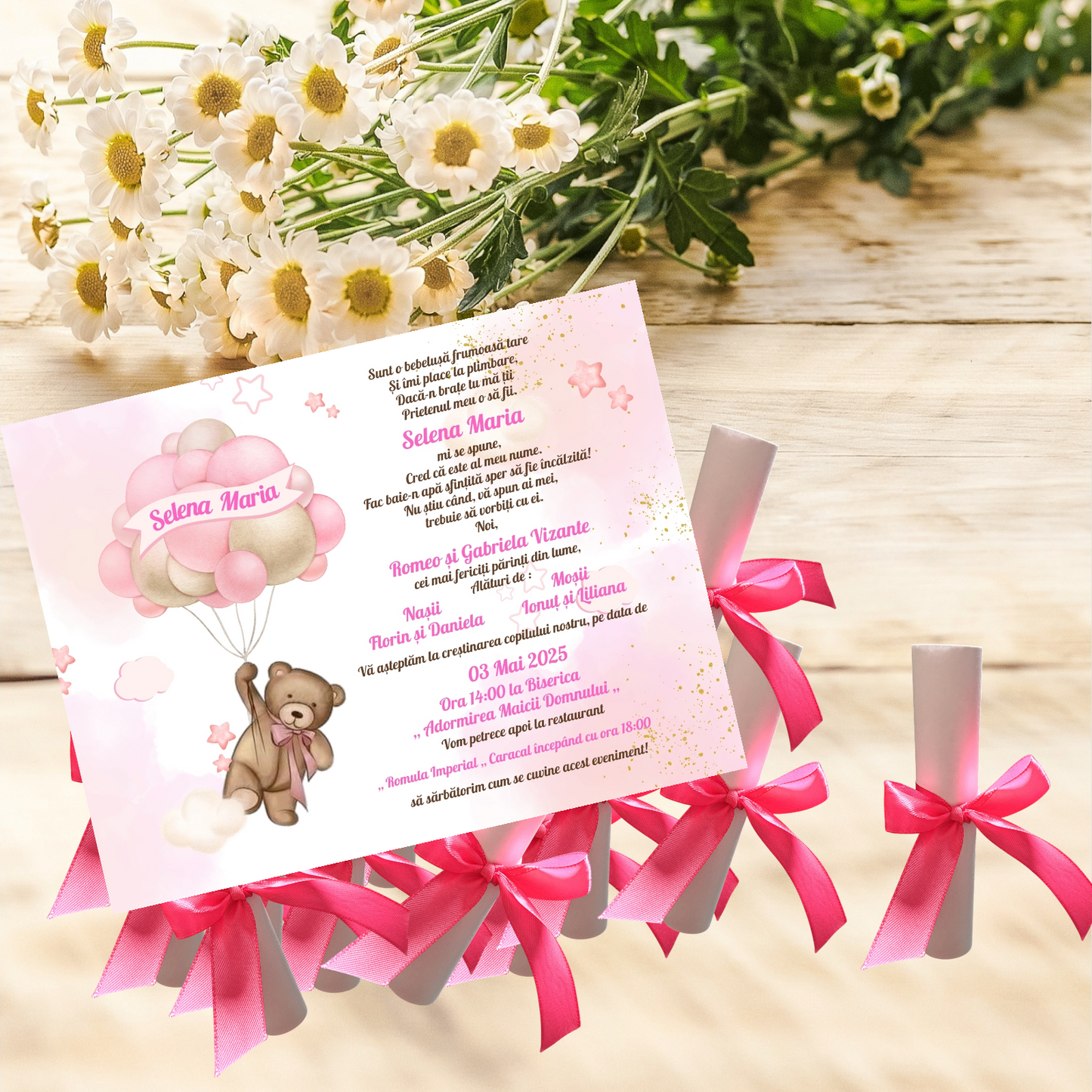 Invitație botez ursulet cu baloane roz