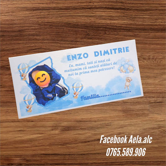 Plic de bani botez ursulet cu baloane blue personalizat cu poza cod 30