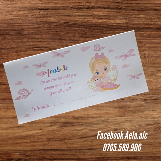 Plic de bani botez zâna roz cu fluturi cod 70