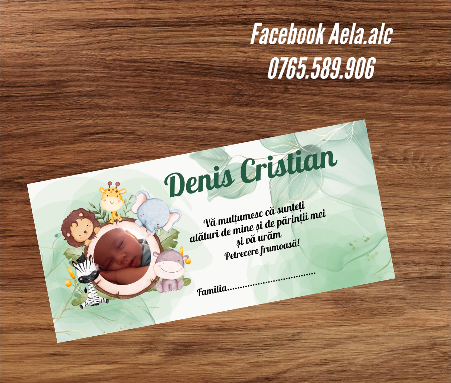Plic de bani botez Animale safari cu poza bebe cod 117