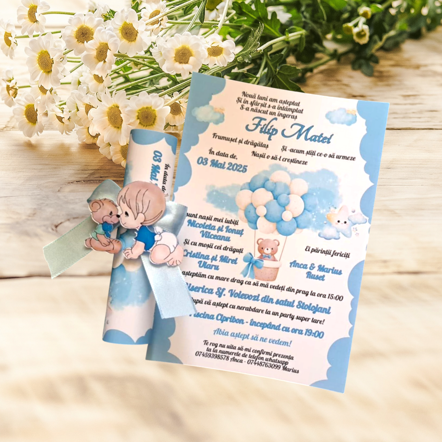 Invitație rulată botez bebe blue ursulet