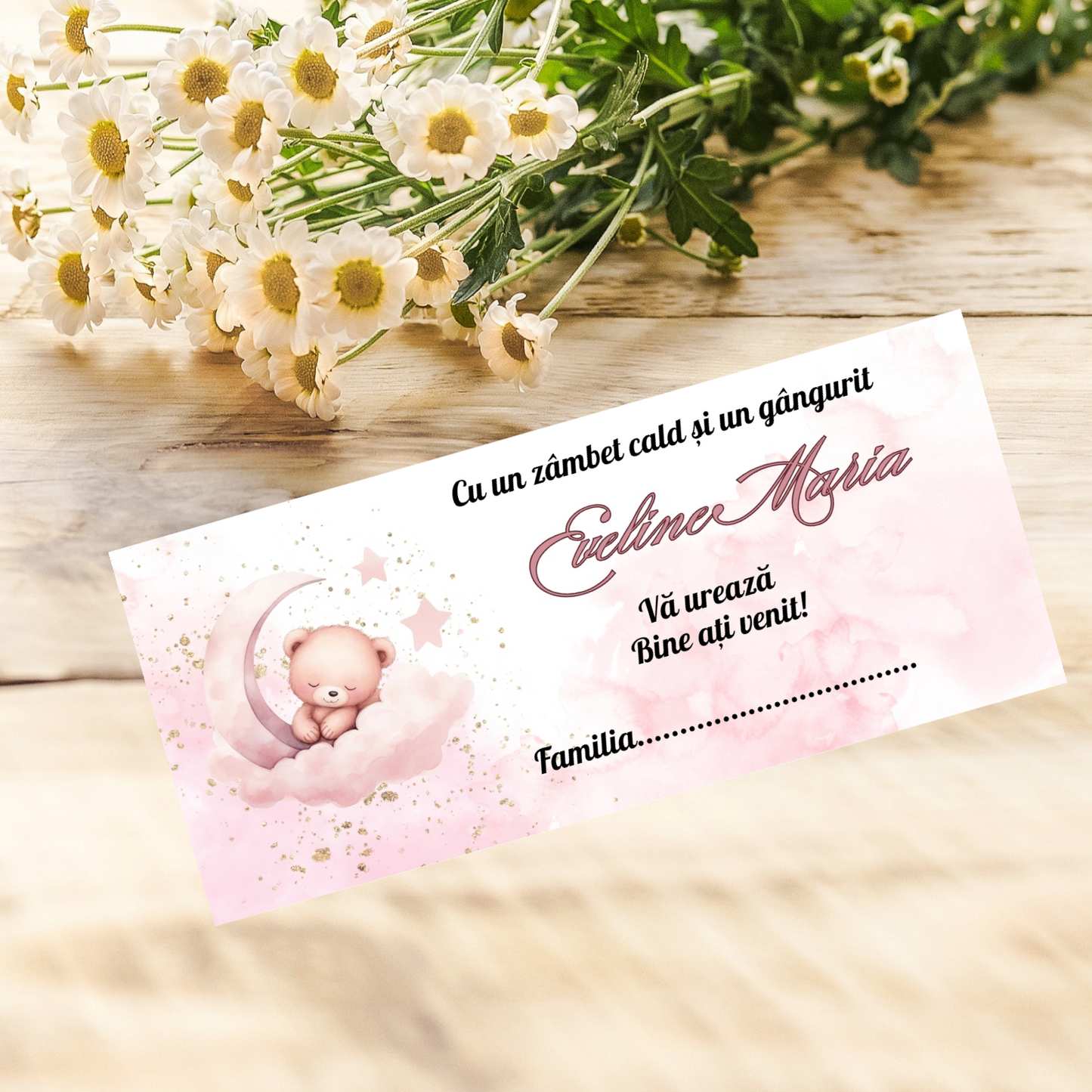 Plic de bani botez ursulet cu norișor roz cod 16