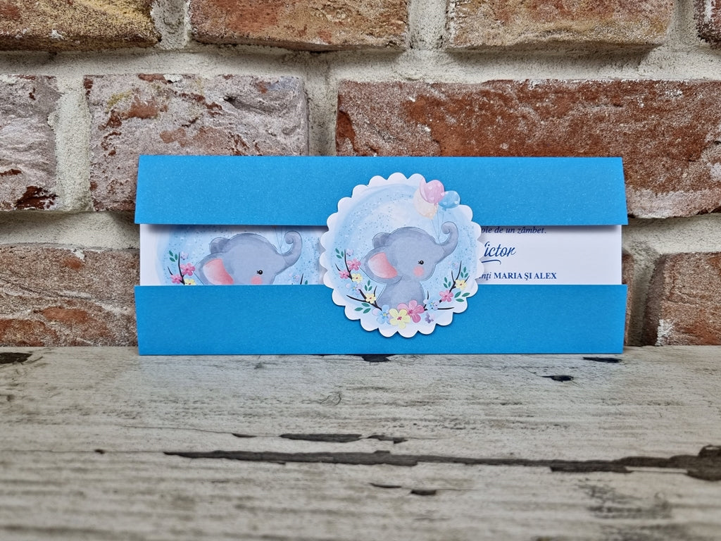 Invitație botez tip plic elefantel drăgălaș