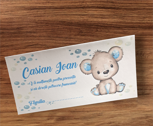 Plic de bani botez ursulet cu buline cod 121