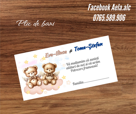 Plic de bani botez ustuleti gemeni cu norișor cod 43