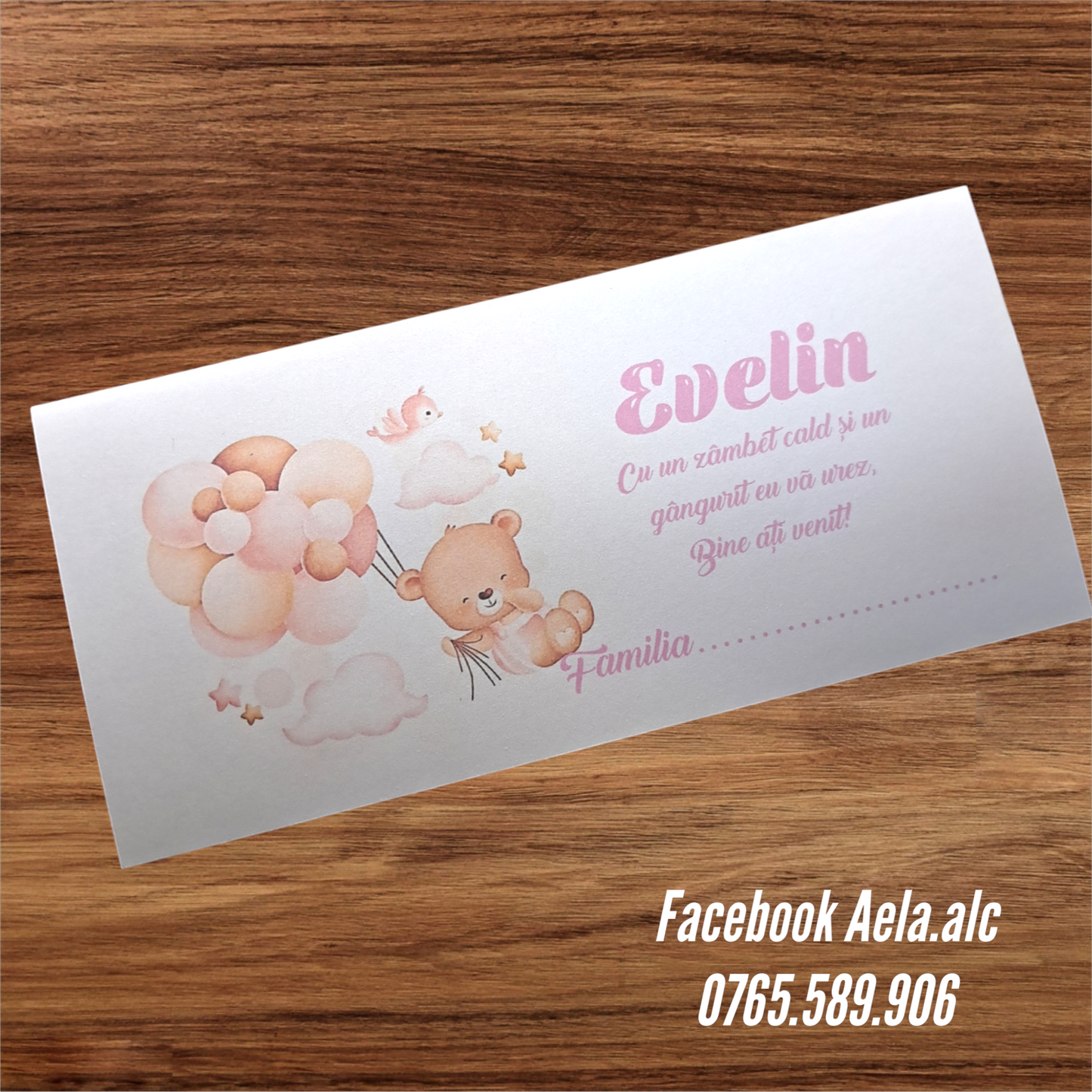 Plic de bani botez Ursuleț norișor roz cod 97