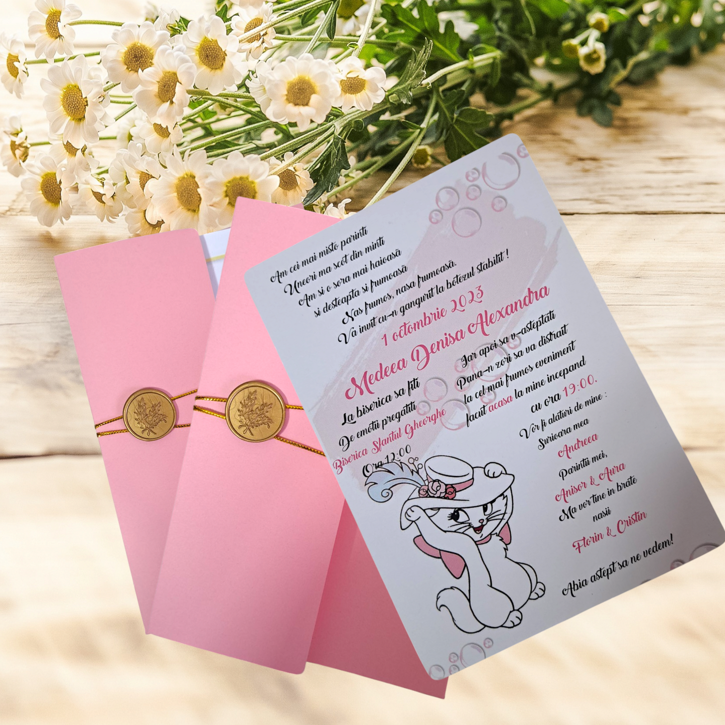 Invitație botez pisica Marie roz