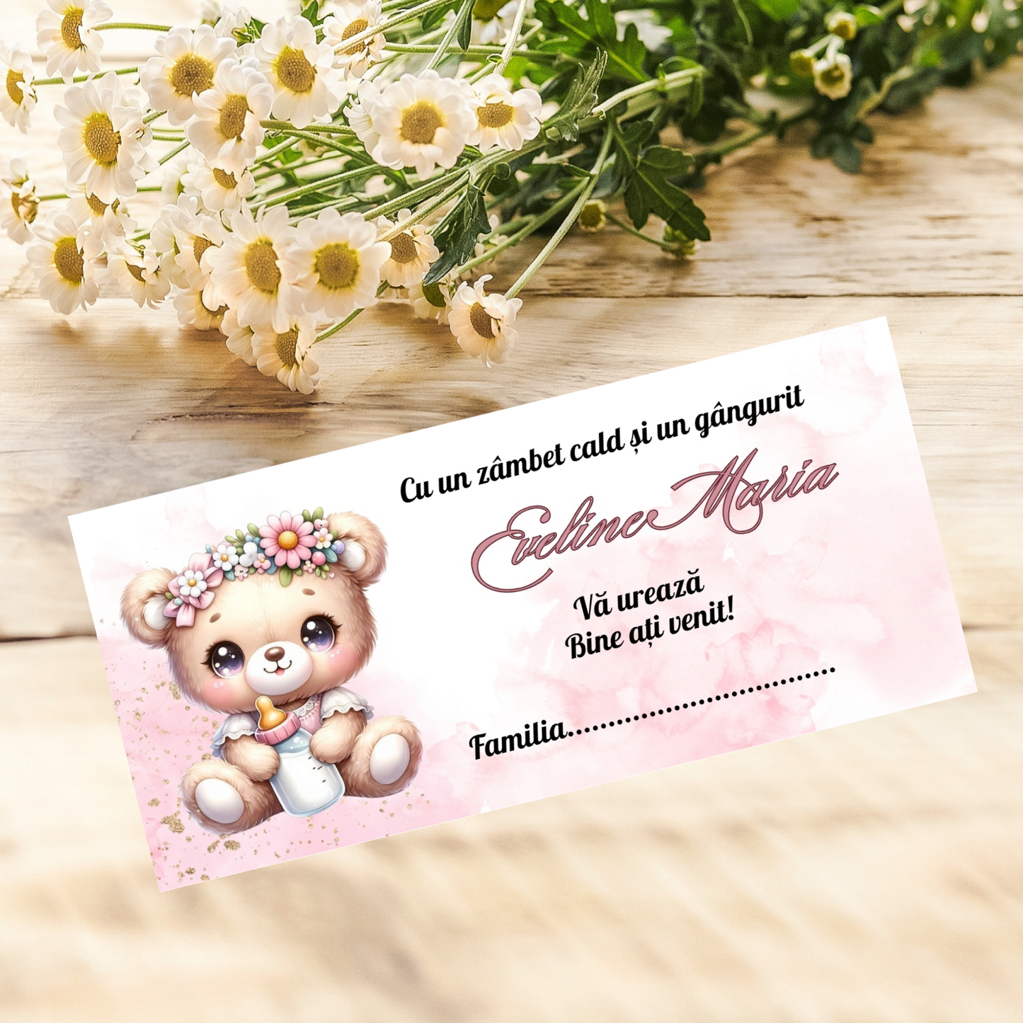 Plic de bani botez ursulet cu flori roz cod 15