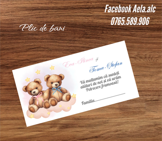 Plic de bani botez ustuleti gemeni cu norișor cod 42