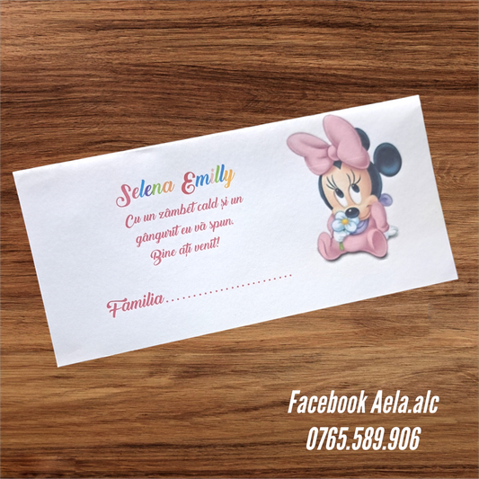 Plic de bani botez Minnie bebe floricică roz cod 60