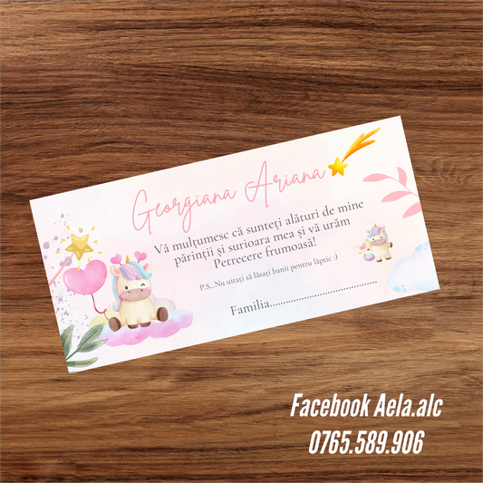 Plic de bani botez bebe unicorn colorat cod 55