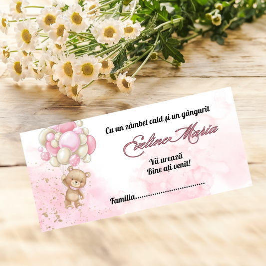 Plic de bani botez ursulet cu baloane roz cod 14