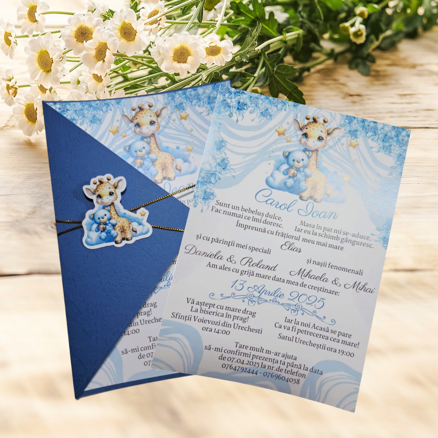 Invitație botez blue Girafa simpatica