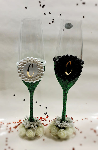 Set 4 Pahare Mire și mireasă verde perle