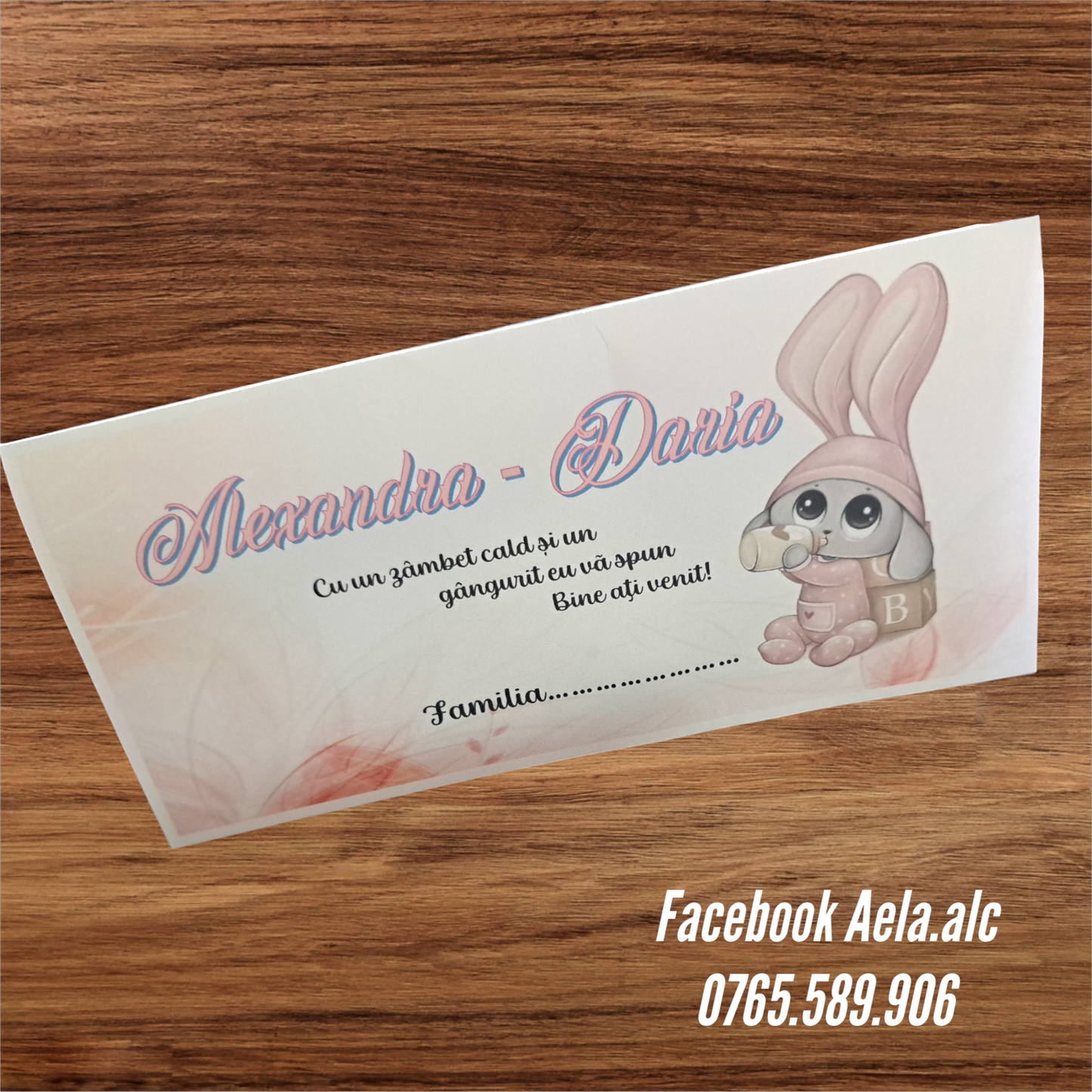 Plic de bani botez Iepuras roz cod 81