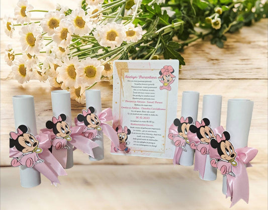 Invitație botez rulata minnie cu fundita roz