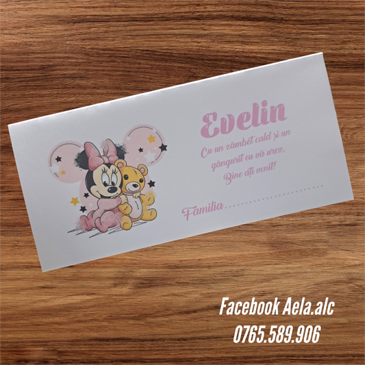 Plic de bani botez Minnie cu ursulet cod 83